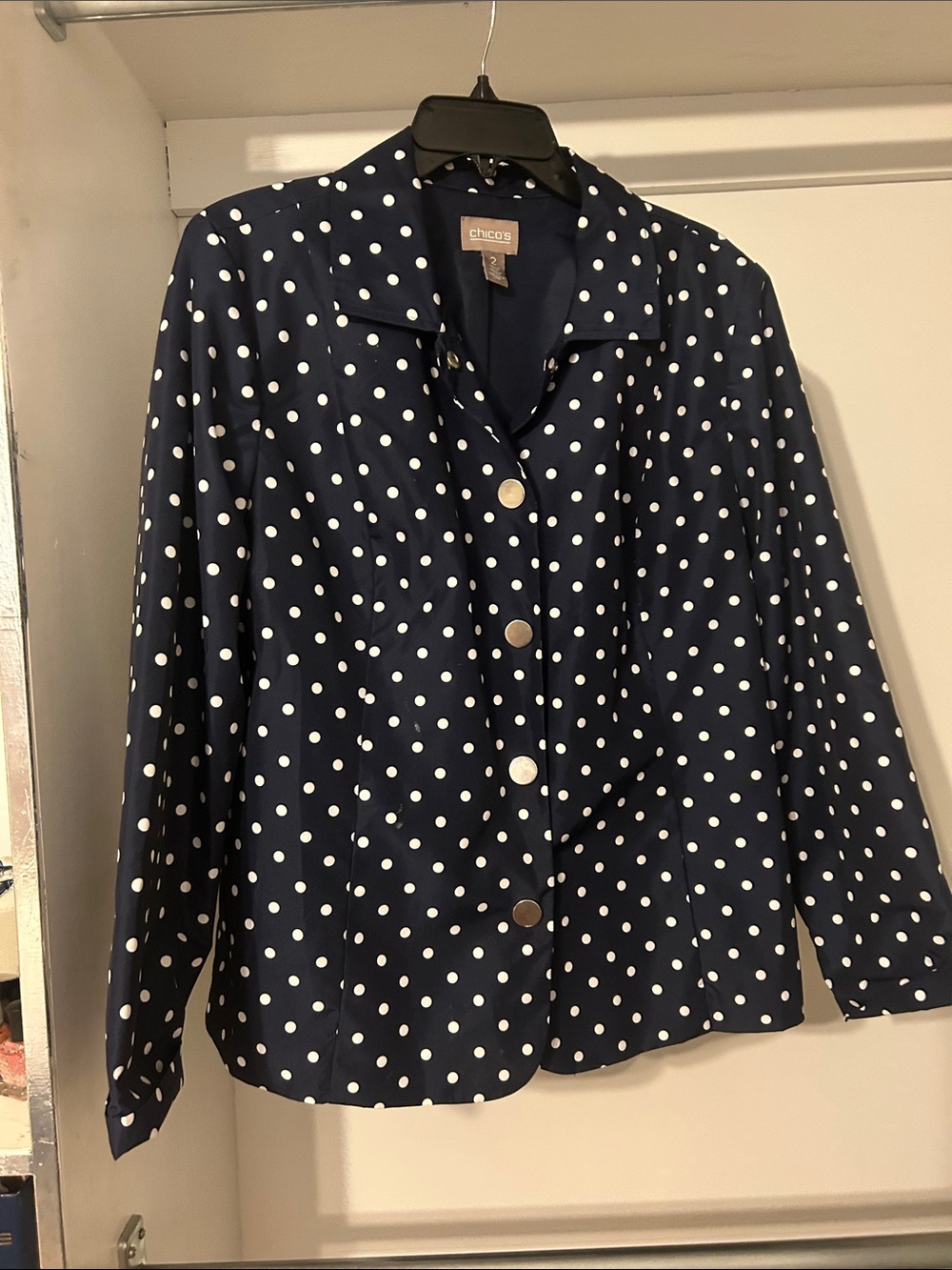 Chico's size 2 Navy and White Polka Dot Blazer windbreaker Jacket